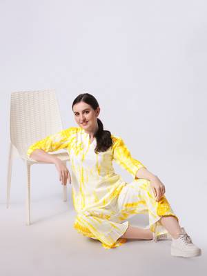 Yellow White Shibori Printed Pure Cotton Kurta With Palazzo 4