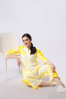 Yellow White Shibori Printed Pure Cotton Kurta With Palazzo
