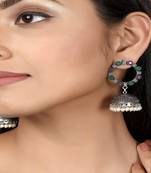 Oxidised Silver Multicolour stones Leaf designed Jhumki Earrings 
