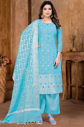 Ethnic And Sophesticated Salwaar Kameez In Sky Blue Colour Woven Designer Fabricated On Elegant Banarasi Silk Fabric