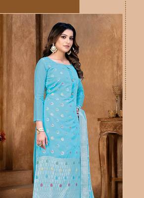 Ethnic And Sophesticated Salwaar Kameez In Sky Blue Colour Woven Fabricated On Elegant Banarasi Silk Fabric 2