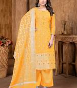 Ethnic And Sophesticated Salwaar Kameez In Yellow Colour Woven Designer Fabricated On Elegant Banarasi Silk Fabric