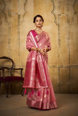 Light pink woven tissue saree with blouse 1