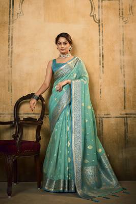 Light blue woven tissue saree with blouse 1