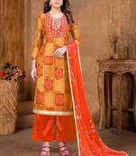 Beautiful And Girlish Pretty Bandhani Printed With Hand Work Orange Colour Salwaar Kameez In Art Silk Fabric
