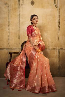 Light red woven tissue saree with blouse 1