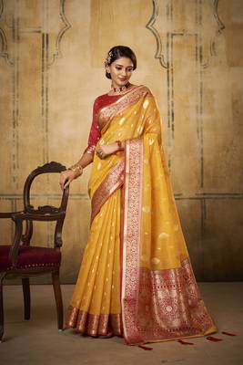 Yellow woven tissue saree with blouse 1