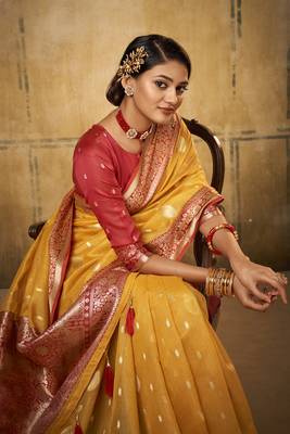 Yellow woven tissue saree with blouse 2