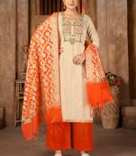 Woven Designer With Embroidery Work Elegant Ethnic Cream Colour Cambric Cotton Fabric Salwaar Kameez
