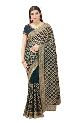 Teal embroidered georgette saree with blouse 1