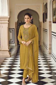 Heavy Designer Embroidery Work Salwaar Kameez In Girlish Yellow Colour For Adorable Party Looks