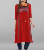 Beautiful Red Colour Poly Crepe Kurti Textured In Floral Printed
