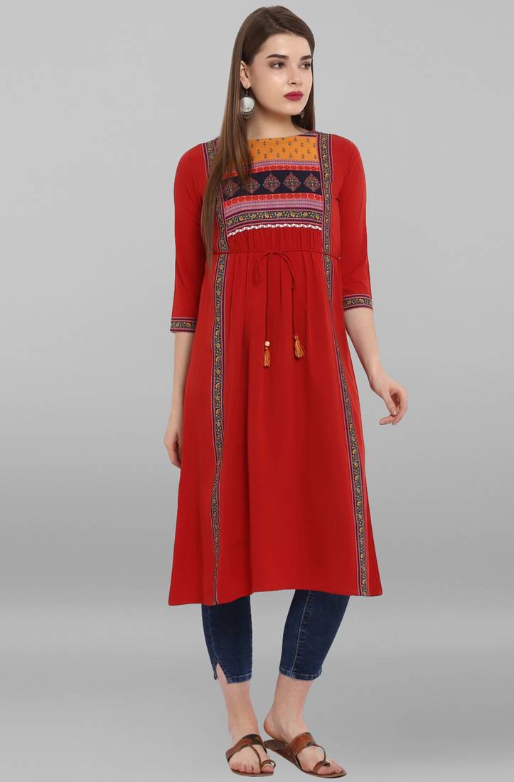 Beautiful Red Colour Poly Crepe Kurti Textured In Floral Printed