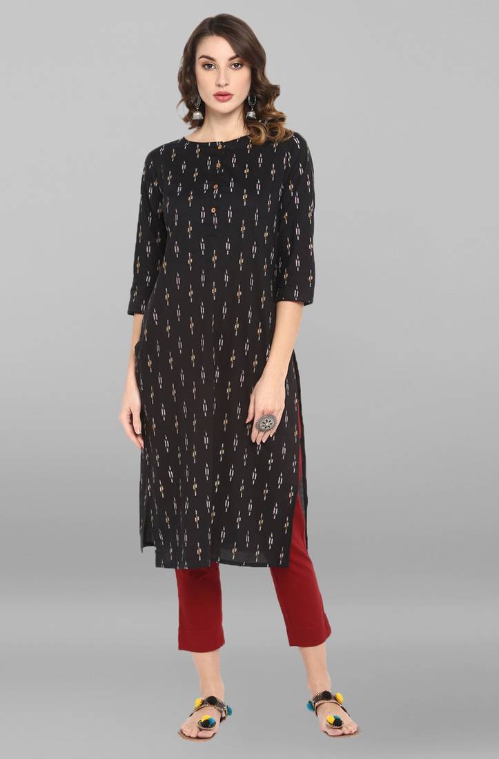 Girlish And Ethnic Black Colour Party Wear Cotton Kurti Textured In Ikkat
