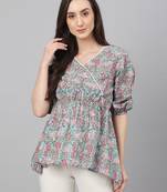 Trendy Short Kurti In Aqua  Colour Cotton Fabric With Floral Printed Texture