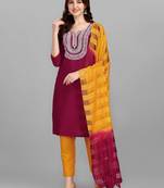 Sober Classy Kurti Bottom Dupatta Set In Wine Colour Cotton Fabric