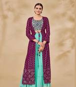 Classy Party Wear Top Bottom Shrug Set In Sea Green Colour Georgette Fabric For Girlish Looks