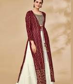 Classy Party Wear Top Bottom Shrug Set In White Colour Georgette Fabric For Girlish Looks