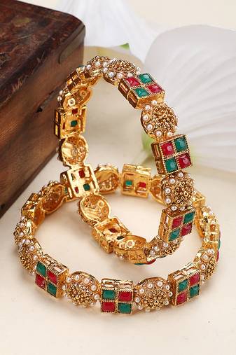 Styylo FashionSet Of Two 22K Gold-Plated Red & Green Stone Studded Square Pattern Handcrafted Bangles