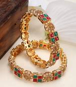 Styylo FashionSet Of Two 22K Gold-Plated Red & Green Stone Studded Square Pattern Handcrafted Bangles