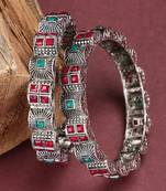 Styylo Fashion Set of 2 Silver Oxidised Curved Designed Red and Green Stone Studded Bangles