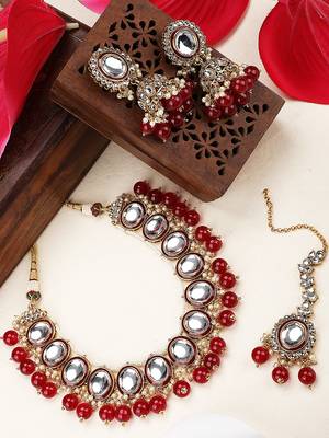 Styylo Fashion Red & White Stone Studded Pearl and Kundan Necklace With Earring and Maangtika 1