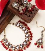 Styylo Fashion Red & White Stone Studded Pearl and Kundan Necklace With Earring and Maangtika