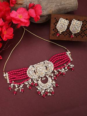 Styylo Fashion Magenta Beads String Kundan Stone Studded Choker Brass Necklace With Earring Maangtika 1