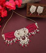 Styylo Fashion Magenta Beads String Kundan Stone Studded Choker Brass Necklace With Earring Maangtika