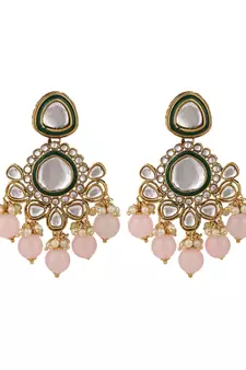 Styylo Fashion Kundan Gold plated Traditional Brass Pink Bead Jewellery set with Earring Maangtika