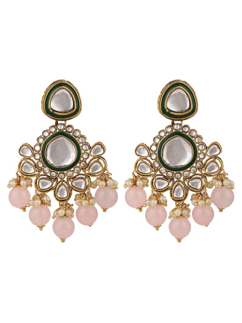 Styylo Fashion Kundan Gold plated Traditional Brass Pink Bead Jewellery set with Earring Maangtika