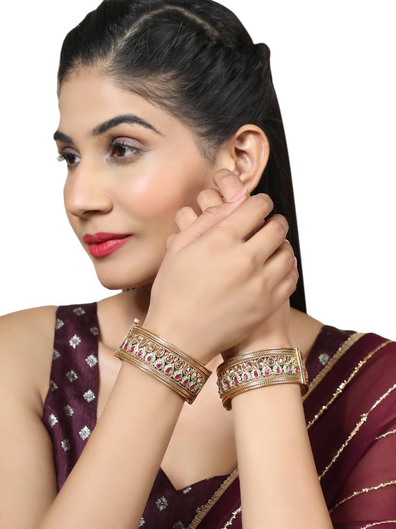 Styylo Fashion Set Of 2 24 CT Gold-Plated & Red Stone-Studded Enamelled Meenakari Bangles
