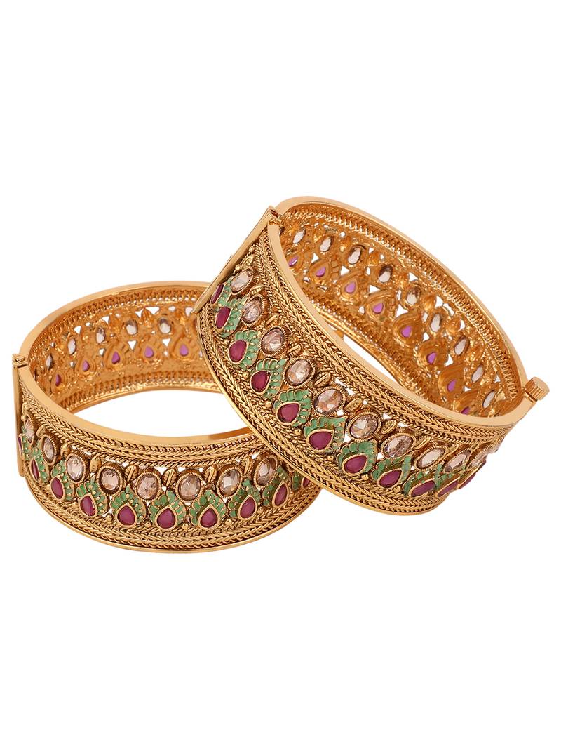 Styylo Fashion Set Of 2 24 CT Gold-Plated & Red Stone-Studded Enamelled Meenakari Bangles