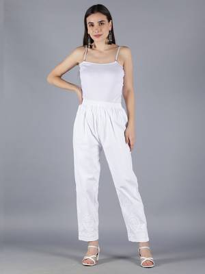 Seva Chikan Hand Embroidered Lucknowi Chikankari White Cotton Palazzo Pant for Women 1