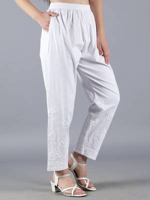 Seva Chikan Hand Embroidered Lucknowi Chikankari White Cotton Palazzo Pant for Women 3
