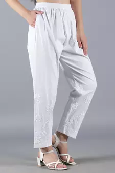 Seva Chikan Hand Embroidered Lucknowi Chikankari White Cotton Palazzo Pant for Women