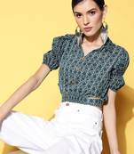 Teal printed cotton cotton-tops