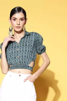 Teal printed cotton cotton-tops