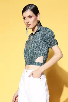 Teal printed cotton cotton-tops