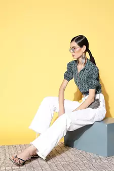 Teal printed cotton cotton-tops