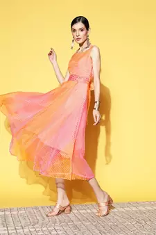 Pink printed silk long-dresses