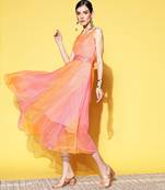 Pink printed silk long-dresses