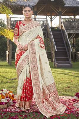 Cream and Red Banarasi silk blend Zari Woven Saree with Sequined Blouse 1
