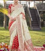 Cream and Red Banarasi silk blend Zari Woven Saree with Sequined Blouse