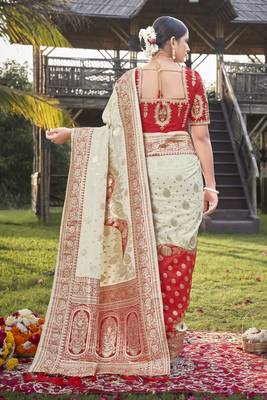 Cream and Red Banarasi silk blend Zari Woven Saree with Sequined Blouse 2