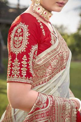 Cream and Red Banarasi silk blend Zari Woven Saree with Sequined Blouse 3
