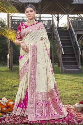 Pink & Cream Banarasi Silk Zari Woven Designer Wedding Saree with Blouse 1