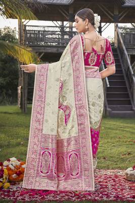 Pink & Cream Banarasi Silk Zari Woven Designer Wedding Saree with Blouse 2