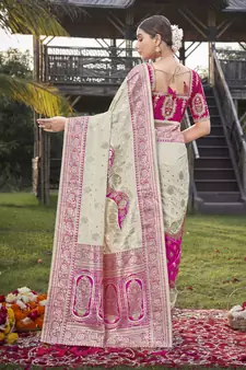 Pink & Cream Banarasi Silk Zari Woven Designer Wedding Saree with Blouse