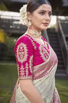 Pink & Cream Banarasi Silk Zari Woven Designer Wedding Saree with Blouse